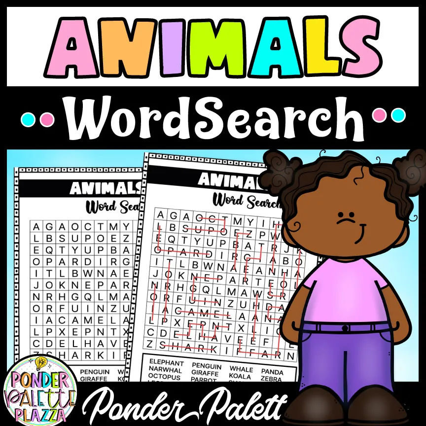 Animals Word search Puzzles + Answers Included – cover