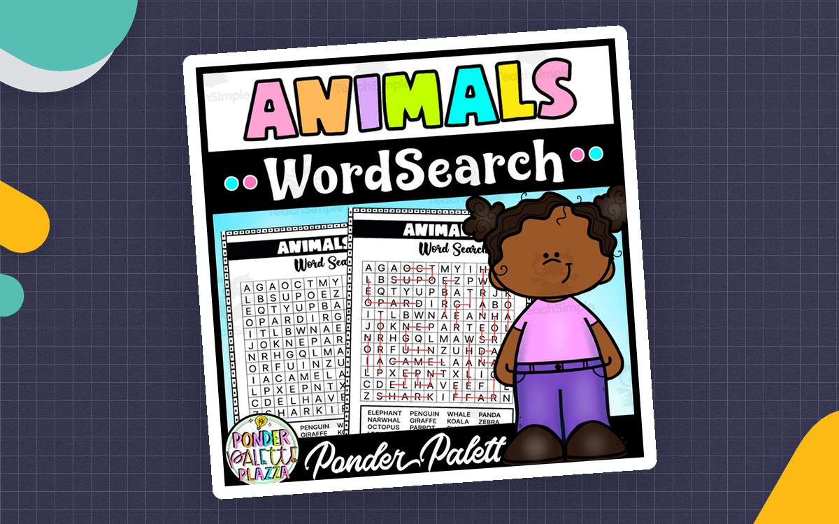 Animals Wordsearch cover with two puzzle previews, animal word banks, and student illustration.