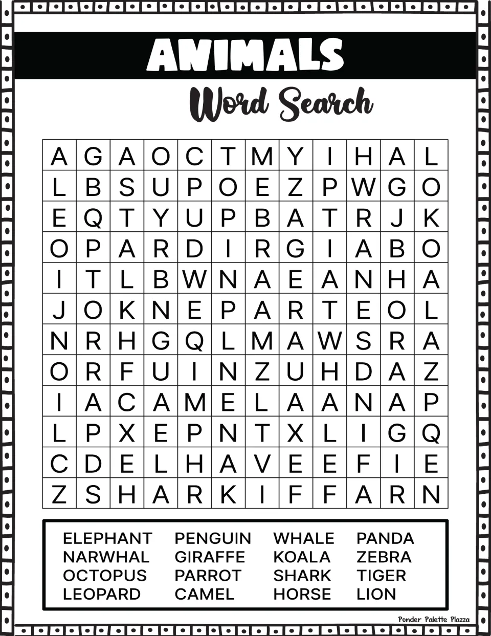 Animals word search: students find 16 animal names such as elephant, narwhal, octopus and koala hidden in a letter grid