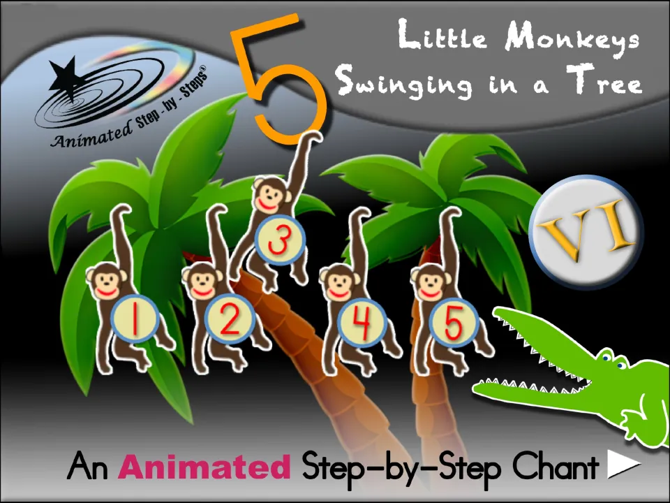 Cover of 5 Little Monkeys Swinging in a Tree, an animated step-by-step chant, with monkeys numbered 1–5