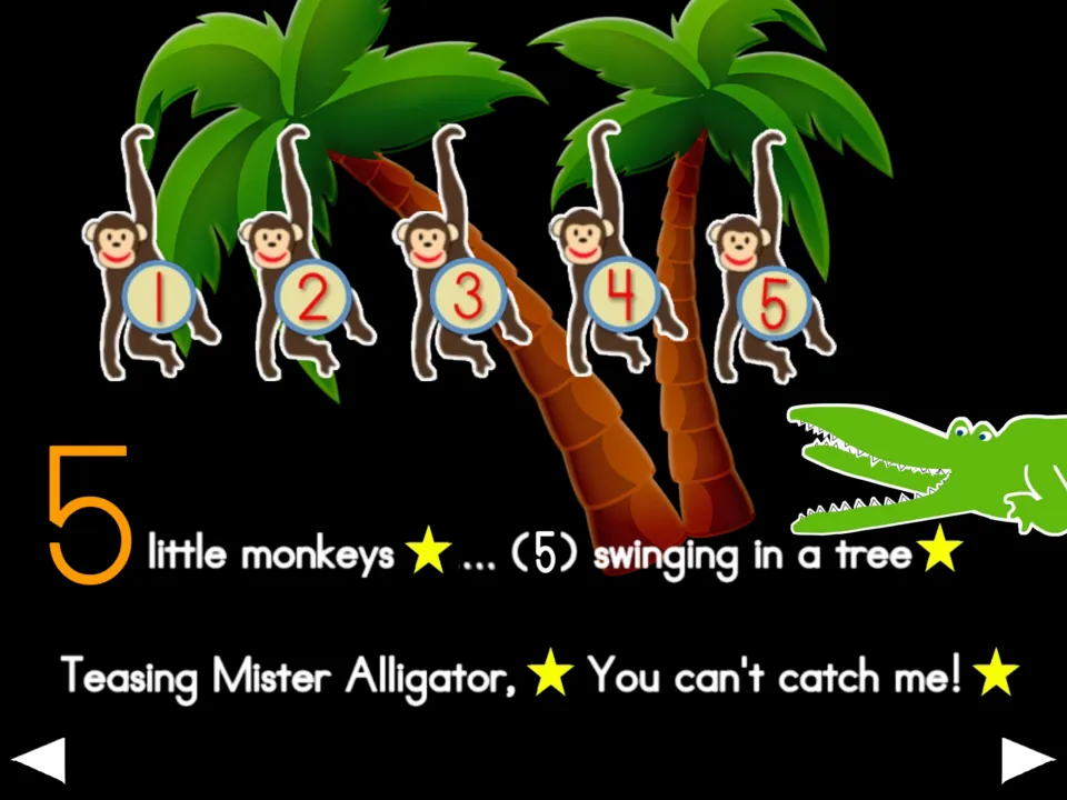 Five-monkey chant verse: monkeys numbered 1–5 swing in a tree and tease Mister Alligator, 'You can't catch me!'