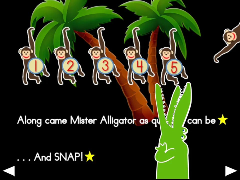 Action slide after the five-monkey verse: Mister Alligator comes quietly, then 'And SNAP!' as a monkey flies off