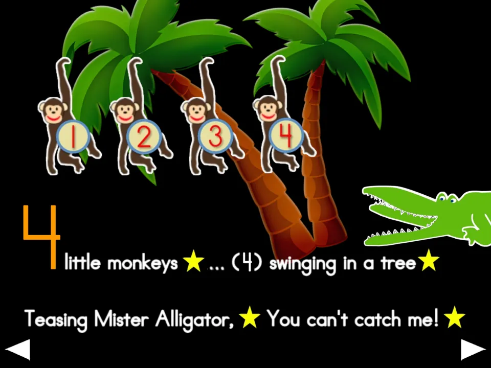 Four-monkey chant verse: monkeys numbered 1–4 swing in a tree and tease Mister Alligator, 'You can't catch me!'