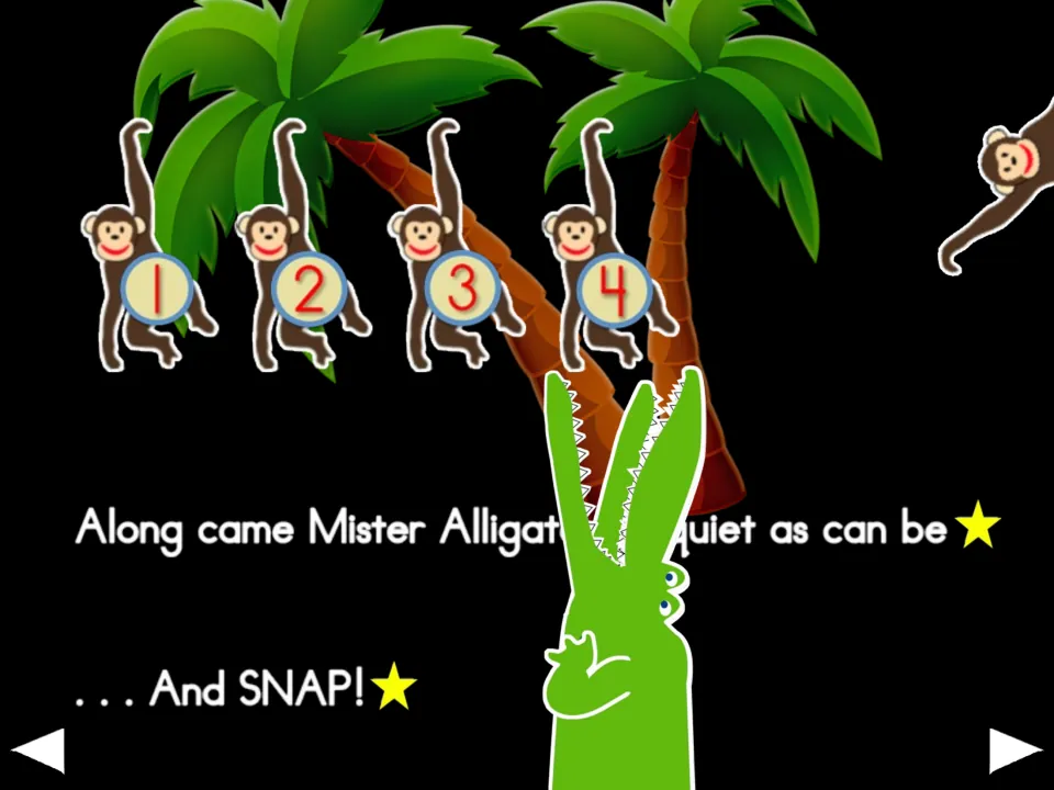 Action slide after the four-monkey verse: Mister Alligator comes quietly, then 'And SNAP!' as a monkey flies off