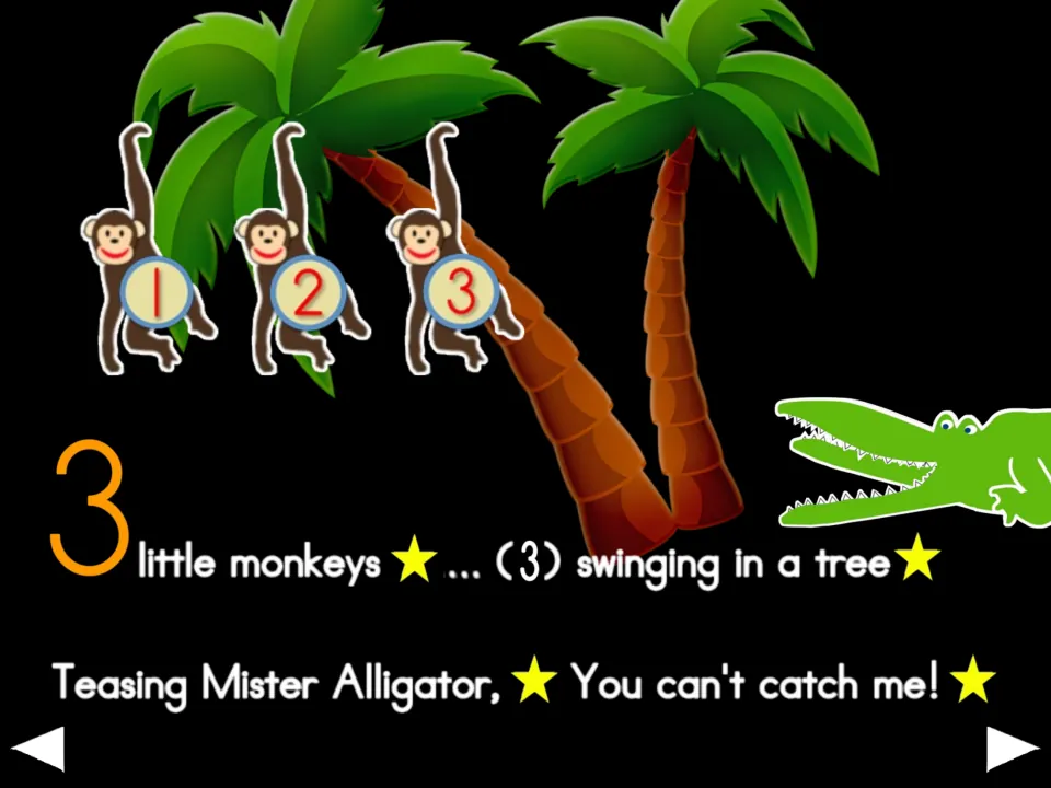 Three-monkey chant verse: monkeys numbered 1–3 swing in a tree and tease Mister Alligator, 'You can't catch me!'