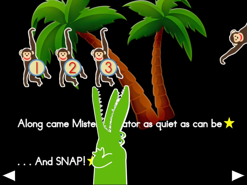 Action slide after the three-monkey verse: Mister Alligator comes quietly, then 'And SNAP!' as a monkey flies off