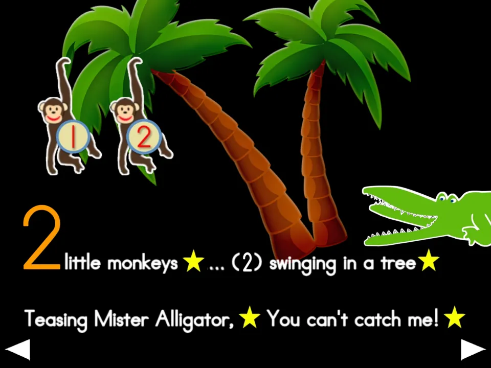 Two-monkey chant verse: monkeys numbered 1–2 swing in a tree and tease Mister Alligator, 'You can't catch me!'