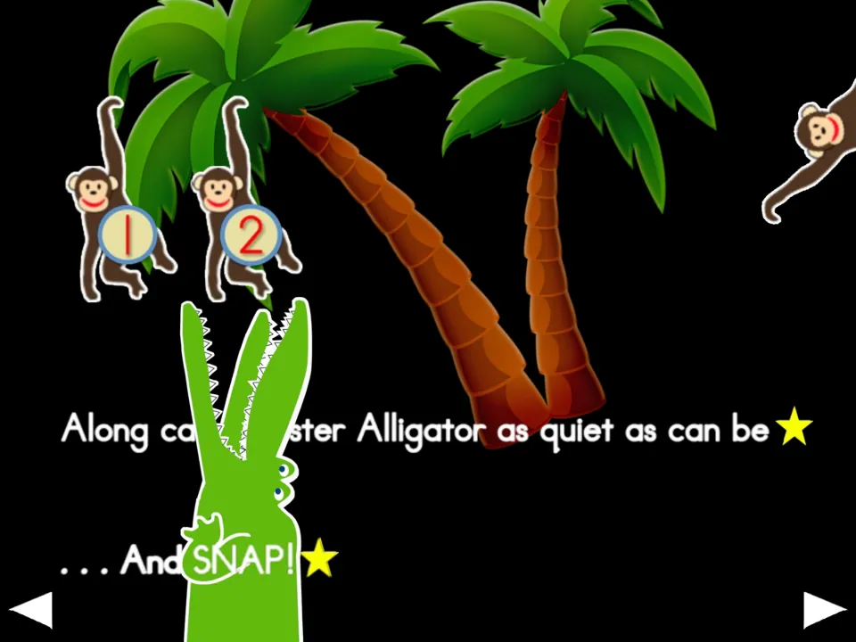 Action slide after the two-monkey verse: Mister Alligator comes quietly, then 'And SNAP!' as a monkey flies off