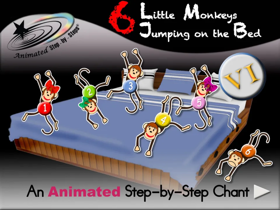 Chant cover: six numbered monkeys illustrate '6 Little Monkeys Jumping on the Bed,' an animated chant