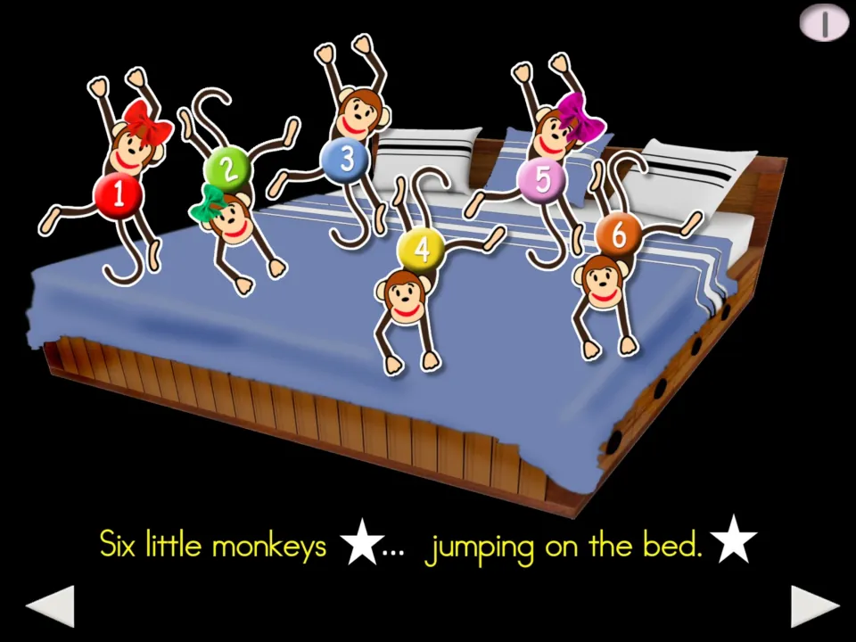Chant step 1: 'Six little monkeys ... jumping on the bed,' illustrated by monkeys numbered 1 through 6