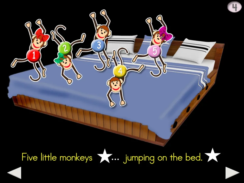 Chant step 4: 'Five little monkeys ... jumping on the bed,' illustrated by monkeys numbered 1 through 5