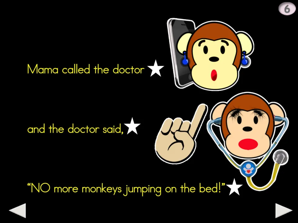 Chant step 6: Mama calls the doctor, who repeats, 'NO more monkeys jumping on the bed!' after the second fall