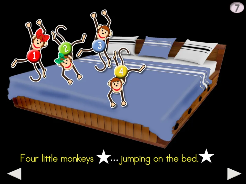 Chant step 7: 'Four little monkeys ... jumping on the bed,' illustrated by monkeys numbered 1 through 4