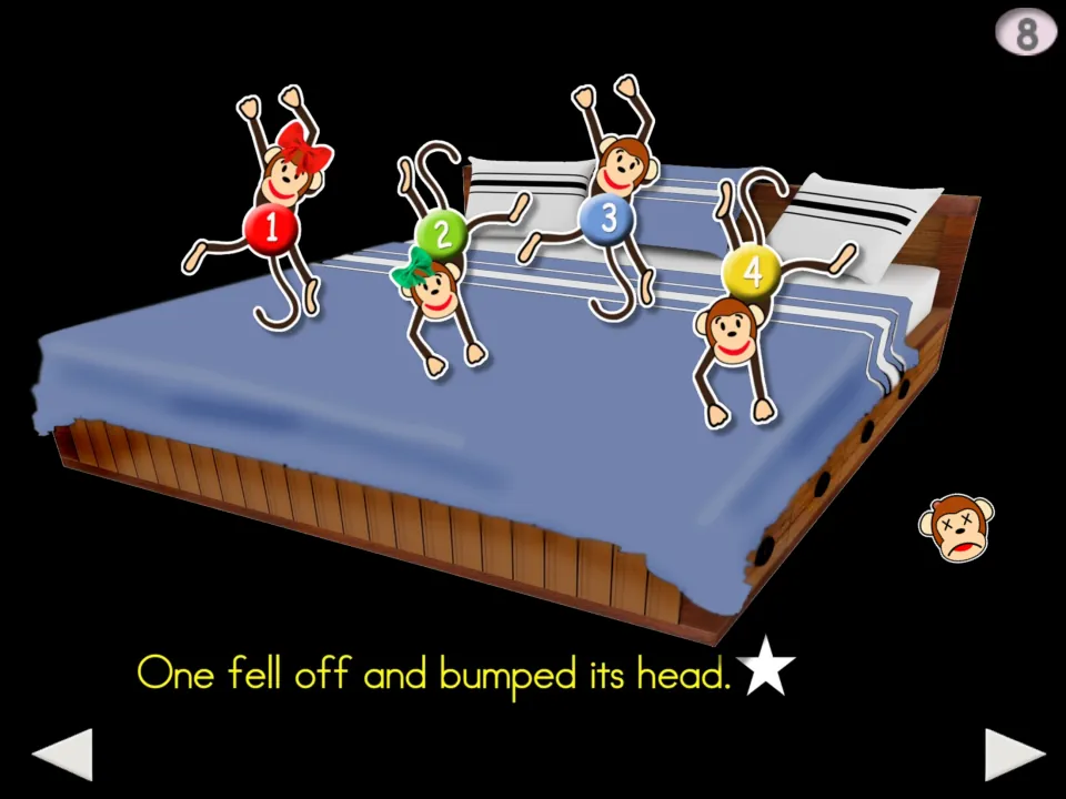 Chant step 8: 'One fell off and bumped its head,' with four numbered monkeys and a hurt monkey face