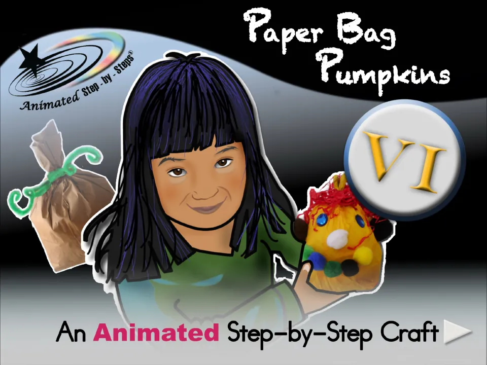 Paper Bag Pumpkins VI cover introduces an animated step-by-step craft and shows a decorated bag pumpkin.