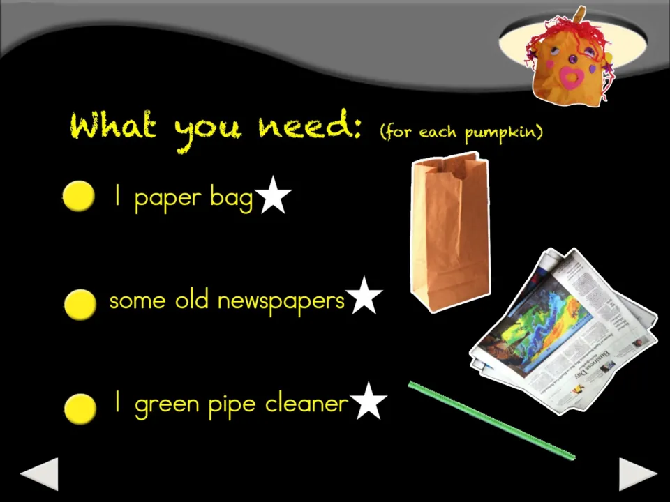 Pumpkin craft supply list begins with one paper bag, some old newspapers, and one green pipe cleaner.
