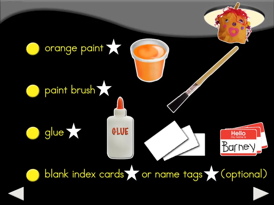 Pumpkin craft supplies continue with orange paint, a paintbrush, glue, and optional index cards or name tags.