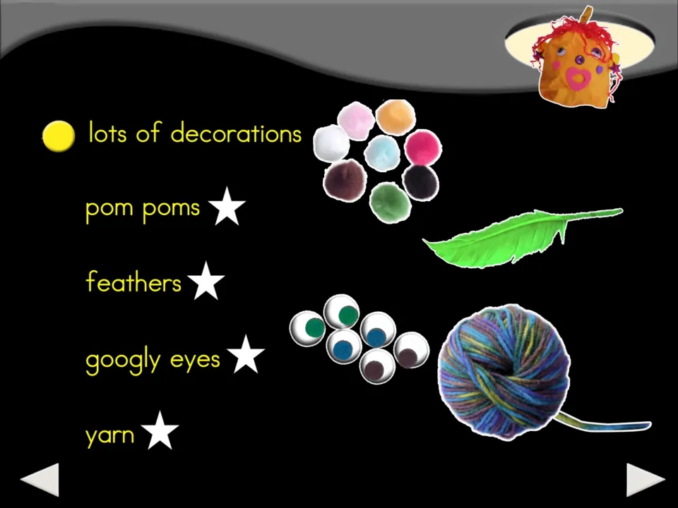Pumpkin craft decoration list shows pom-poms, feathers, googly eyes, and yarn as materials to gather.