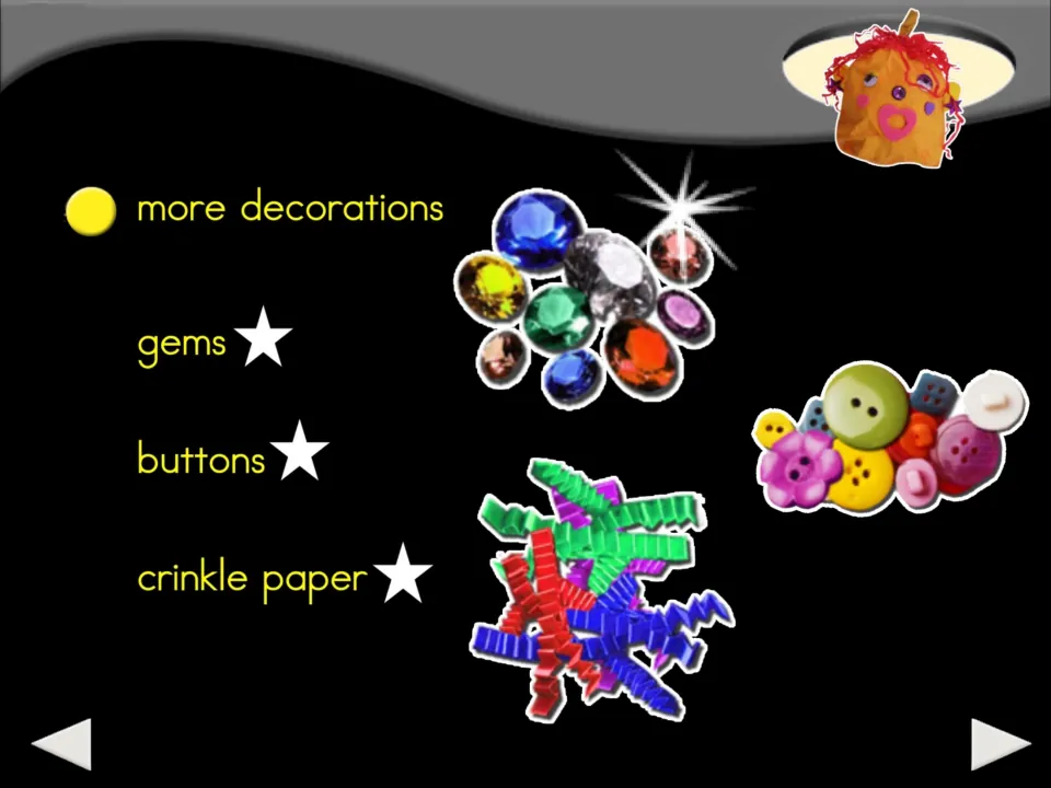 Pumpkin craft decoration list continues with labeled pictures of gems, buttons, and crinkle paper.