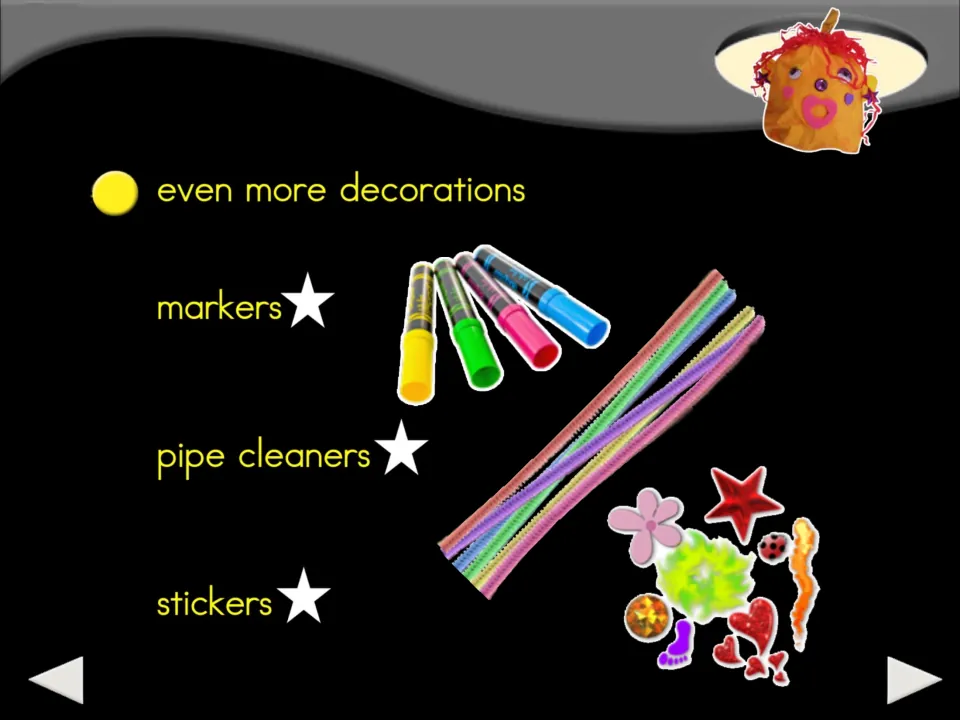 Pumpkin craft decoration list adds markers, pipe cleaners, and stickers, each shown beside its label.