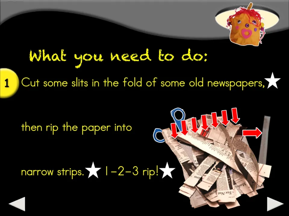 Pumpkin craft step 1 directs students to cut slits in folded old newspapers, then rip them into narrow strips.