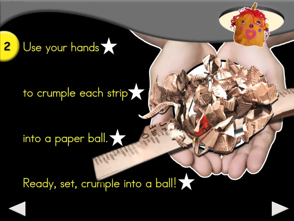 Pumpkin craft step 2 directs students to use their hands to crumple each newspaper strip into a paper ball.