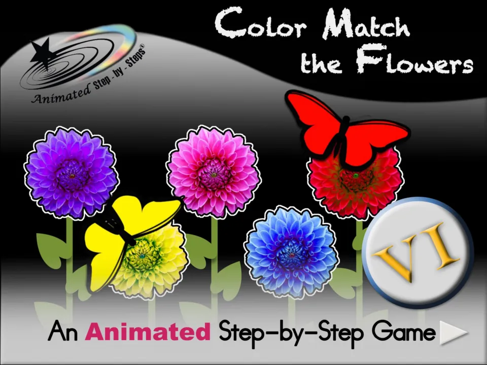Cover of Color Match the Flowers VI, labeled an animated step-by-step game, with colorful flowers