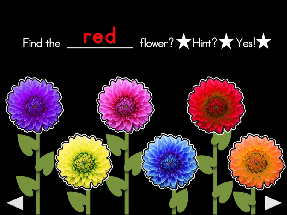 First color-matching prompt: 'Find the red flower?' with six flower choices and 'Hint?' and 'Yes!' labels