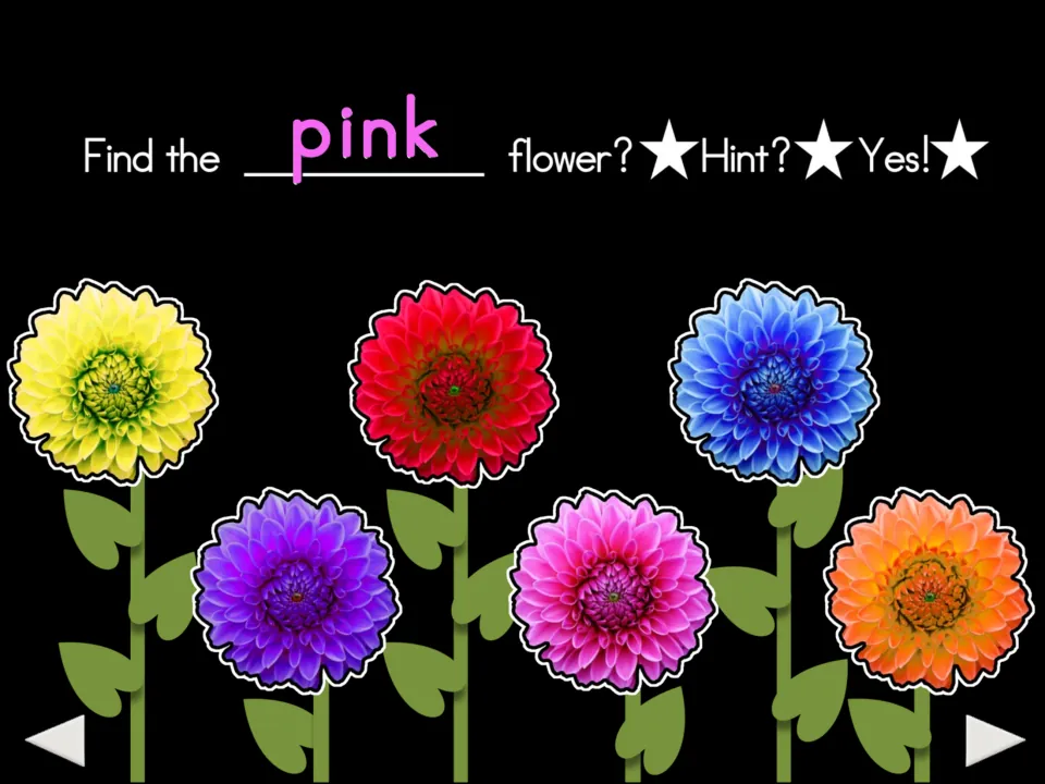 Fifth color-matching prompt: 'Find the pink flower?' with six flower choices and 'Hint?' and 'Yes!' labels
