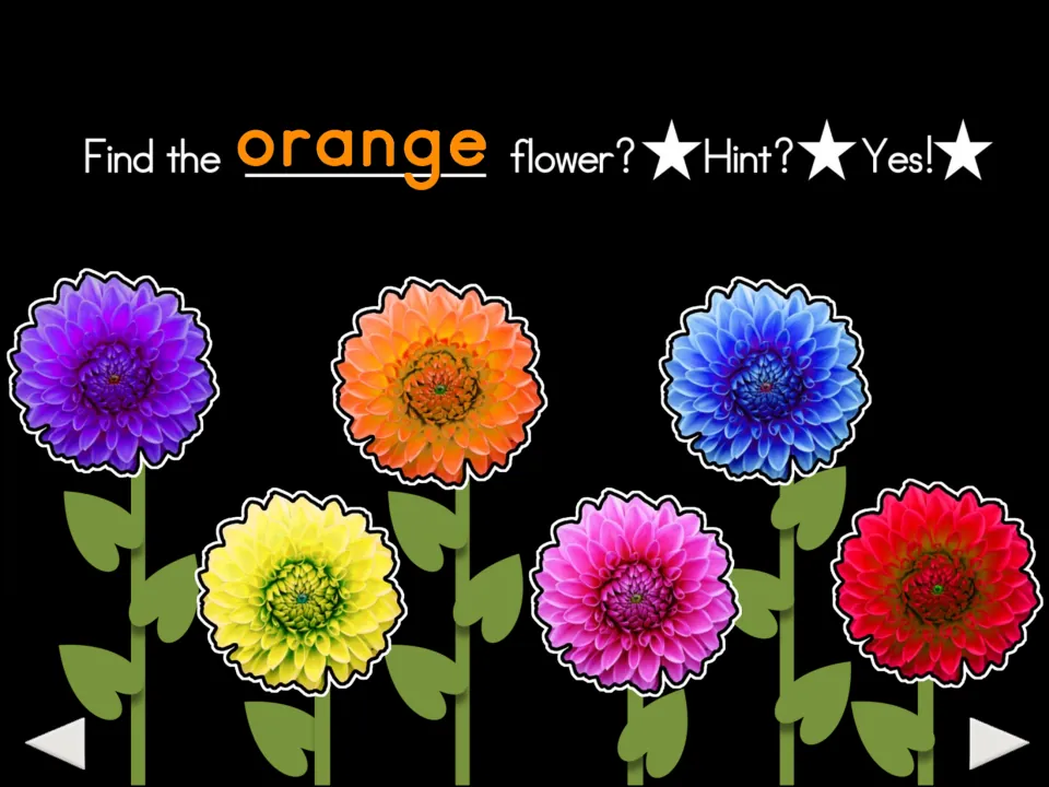 Sixth color-matching prompt: 'Find the orange flower?' with six flower choices and 'Hint?' and 'Yes!' labels