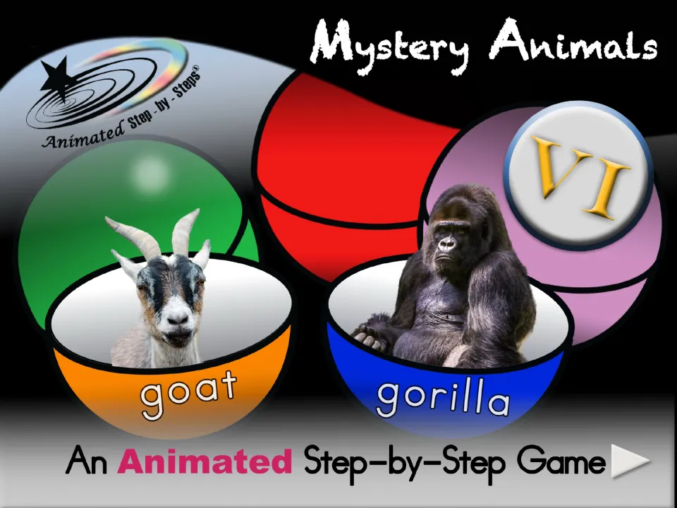 Mystery Animals VI game cover showing a goat and gorilla in opened balls, labeled with their animal names