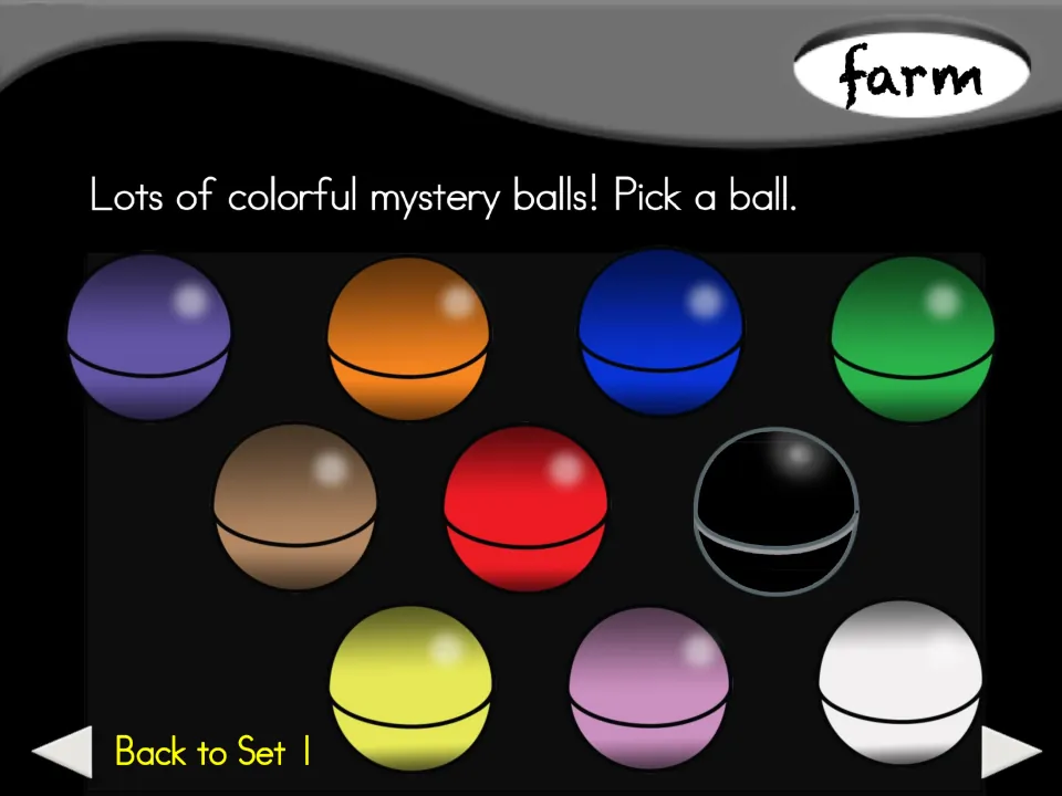 Farm selection menu for the animal game: 10 colored mystery balls, 'Pick a ball,' and 'Back to Set 1'