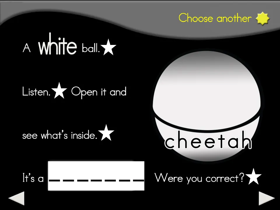 White ball animal guessing slide labeled 'cheetah,' with prompts to listen, open it, and check the guess
