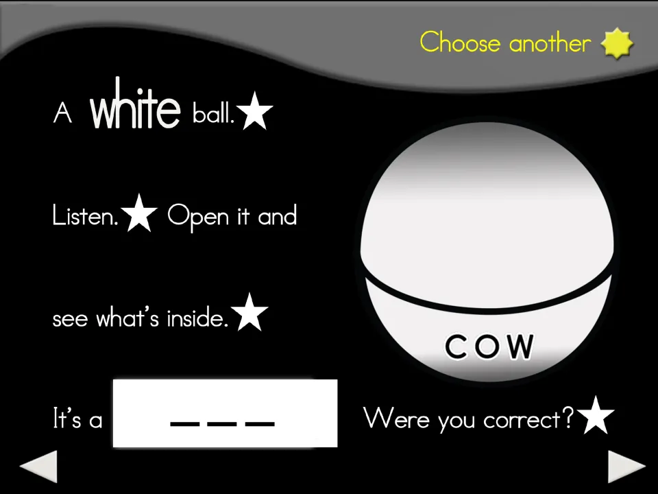 White ball animal guessing slide labeled 'cow,' with prompts to listen, see what's inside, and check the guess