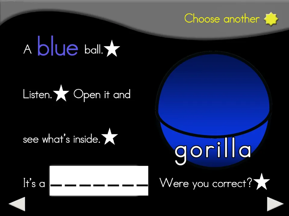 Blue ball animal guessing slide labeled 'gorilla,' with prompts to listen, open it, and check the guess