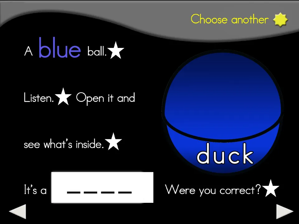 Blue ball animal guessing slide labeled 'duck,' with prompts to listen, see what's inside, and check the guess