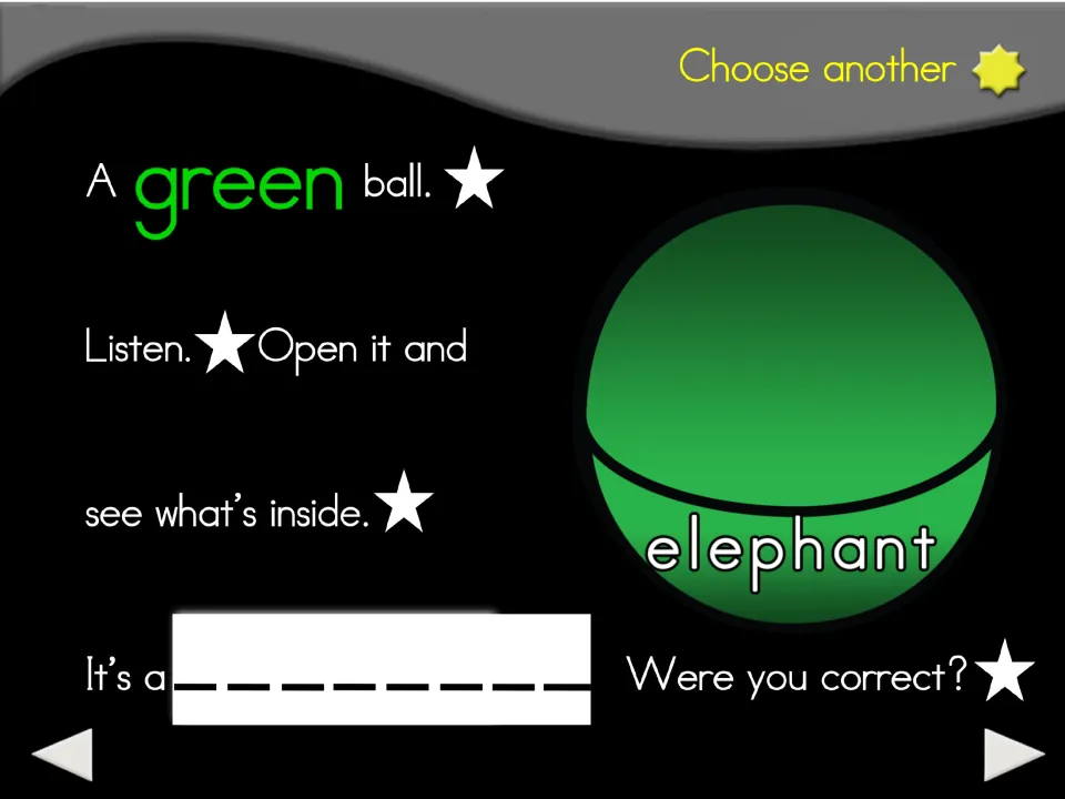 Green ball animal guessing slide labeled 'elephant,' with prompts to listen, open it, and check the guess