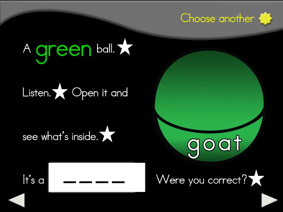 Green ball animal guessing slide labeled 'goat,' with prompts to listen, see what's inside, and check the guess