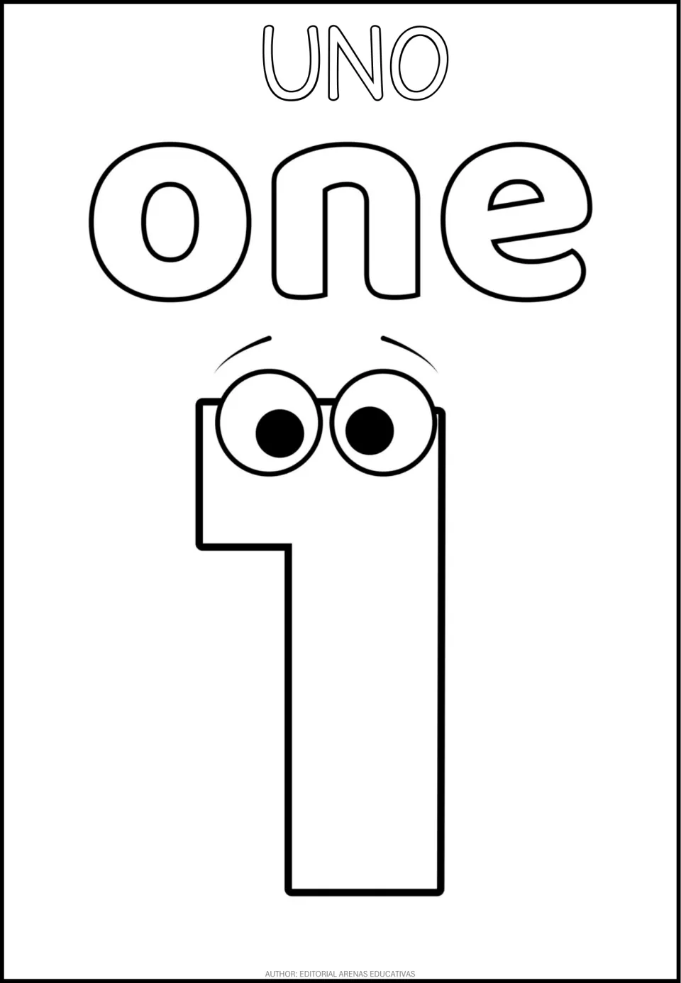 Number 1 coloring page in the bilingual set, featuring UNO (one), the English word one, and a cartoon numeral 1
