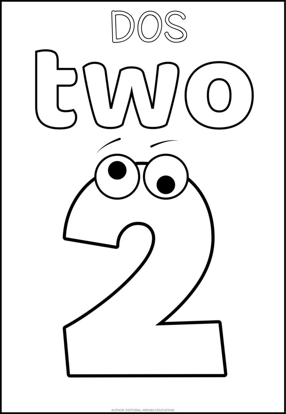 Number 2 coloring page in the bilingual set, featuring DOS (two), the English word two, and a cartoon numeral 2