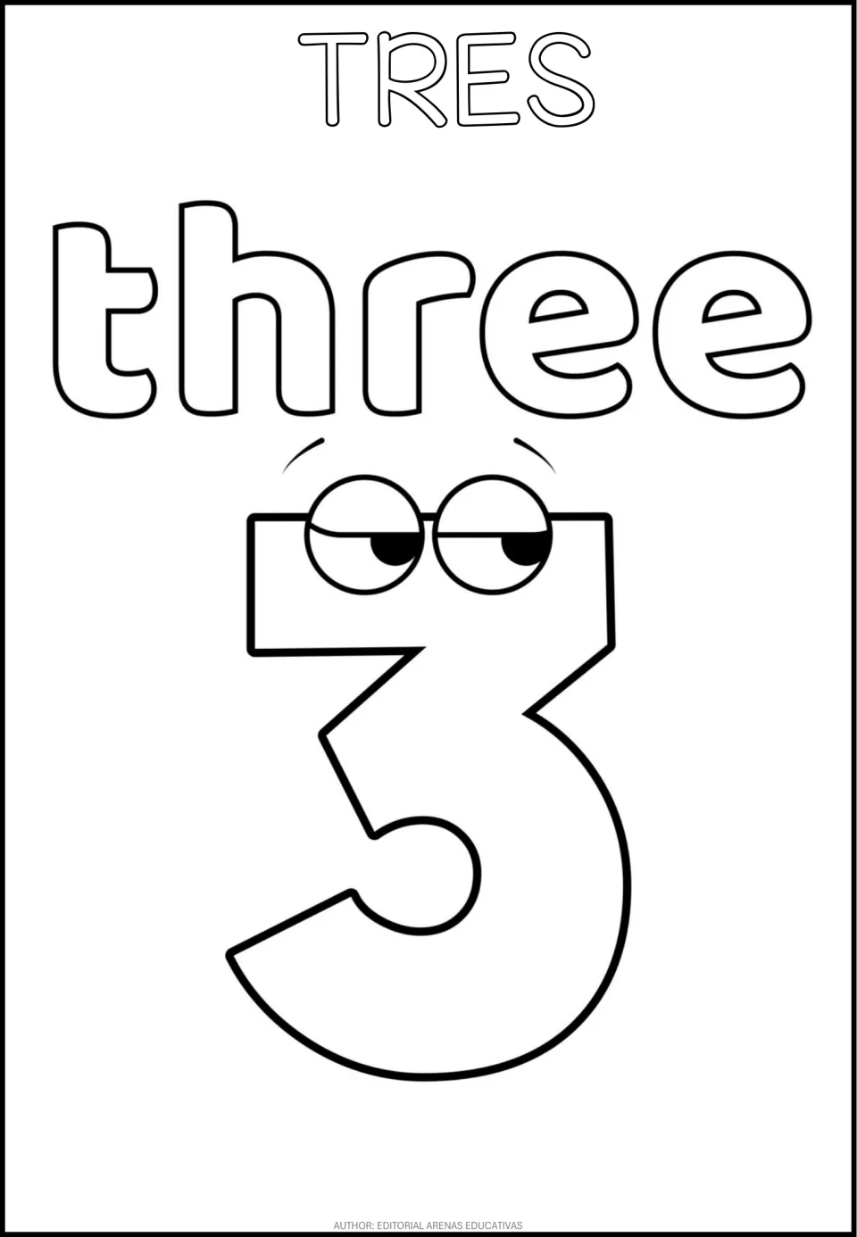 Number 3 coloring page in the bilingual set, featuring TRES (three), the word three, and a cartoon numeral 3