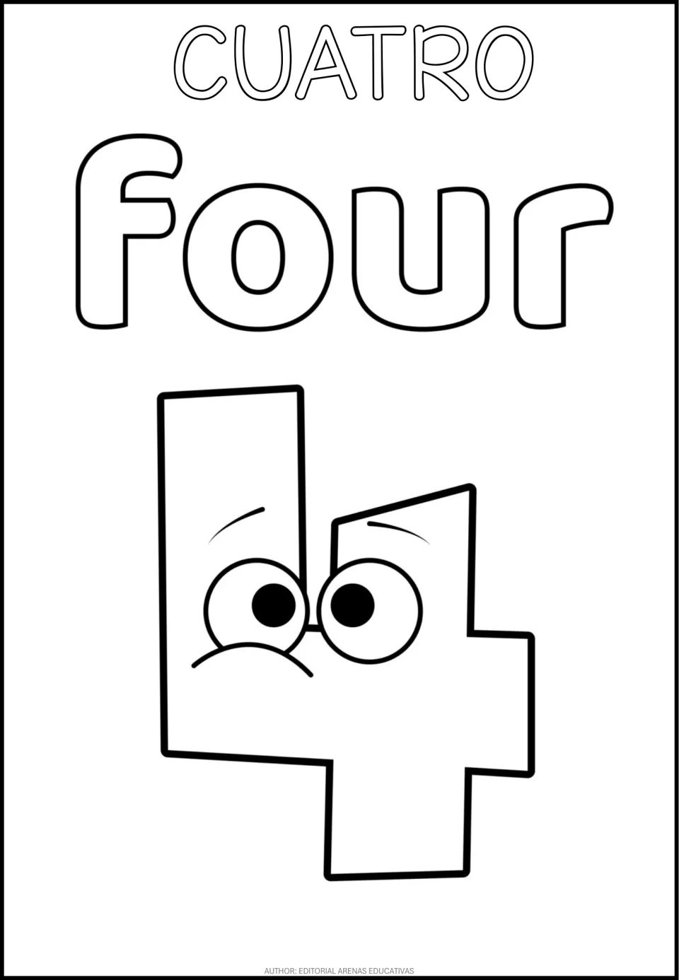 Number 4 coloring page in the bilingual set, featuring CUATRO (four), the word four, and a cartoon numeral 4
