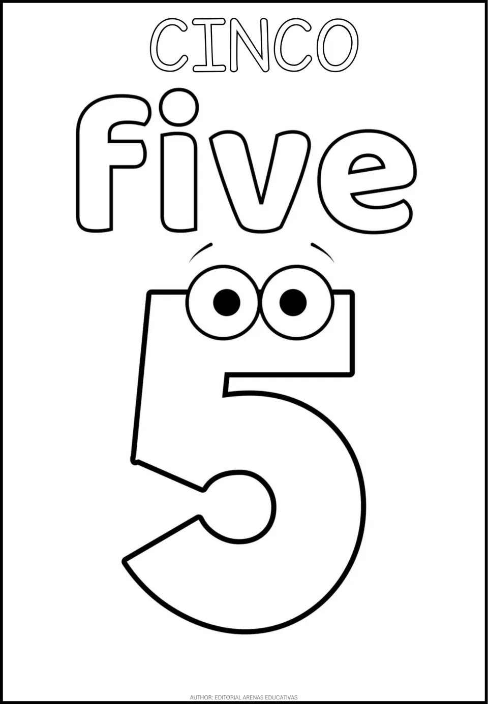 Number 5 coloring page in the bilingual set, featuring CINCO (five), the word five, and a cartoon numeral 5
