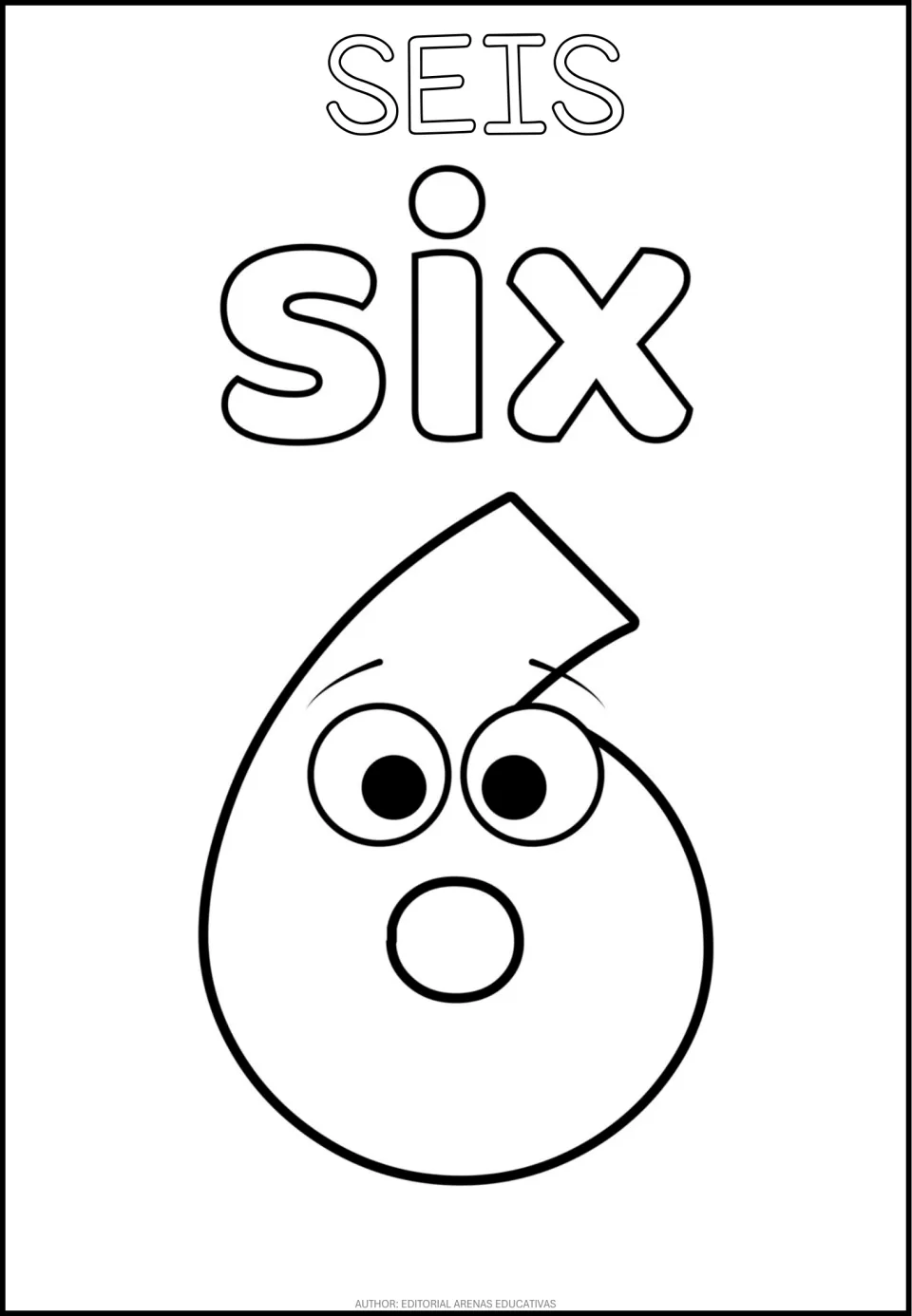 Number 6 coloring page in the bilingual set, featuring SEIS (six), the English word six, and a cartoon numeral 6