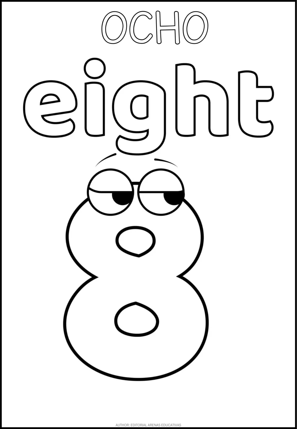 Number 8 coloring page in the bilingual set, featuring OCHO (eight), the word eight, and a cartoon numeral 8
