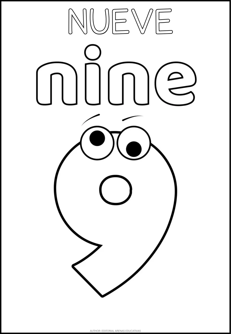 Number 9 coloring page in the bilingual set, featuring NUEVE (nine), the word nine, and a cartoon numeral 9
