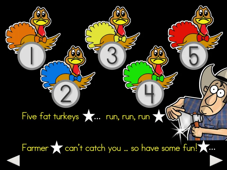 Opening poem slide: five turkeys numbered 1–5 run from a farmer, with 'Farmer can’t catch you' in the verse