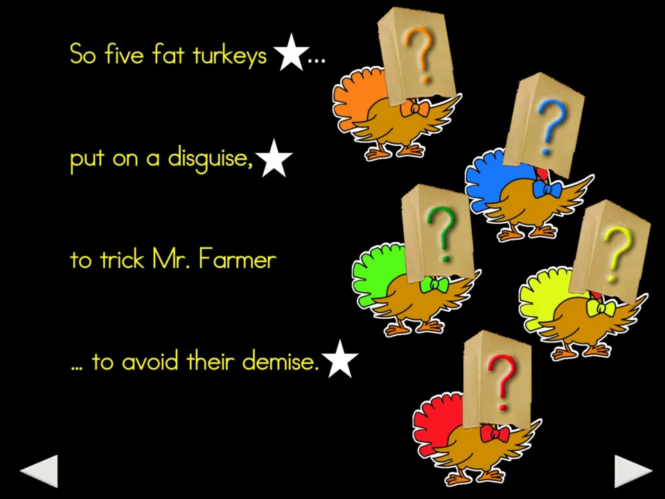 Second poem slide: five turkeys put on disguises to trick Mr. Farmer, with question-mark bags over their heads