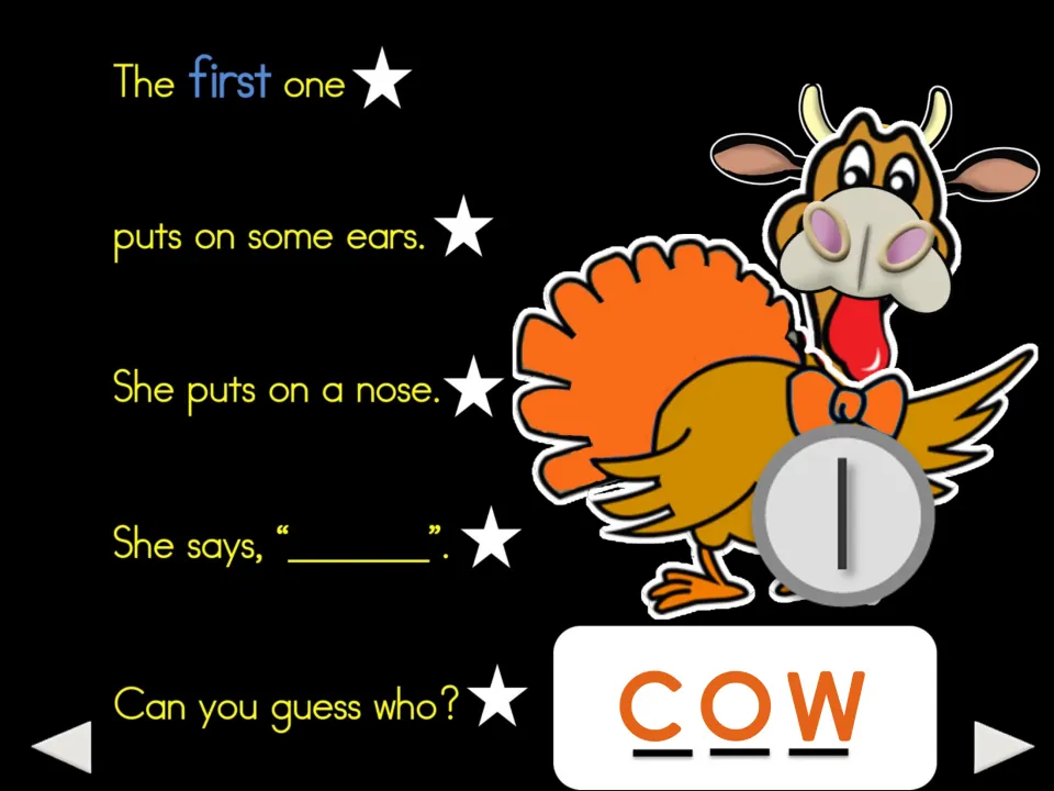 Third poem slide: the first turkey adds cow ears and a nose, with an animal-sound blank and the word 'cow'