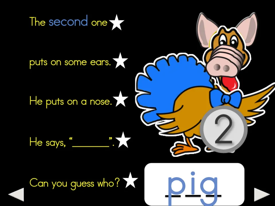 Fourth poem slide: the second turkey adds pig ears and a nose, with an animal-sound blank and the word 'pig'